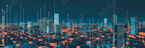 Network of connections overlay on blue urban landscape.