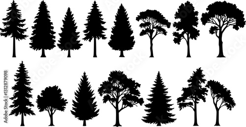 various deciduous trees silhouettes on the white background. vector set. PNG white background
