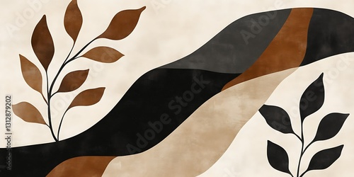 Abstract art featuring stylized leaves and flowing shapes in earthy tones
