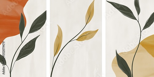 Abstract botanical wall art with minimalist design featuring leaves and earthy tones