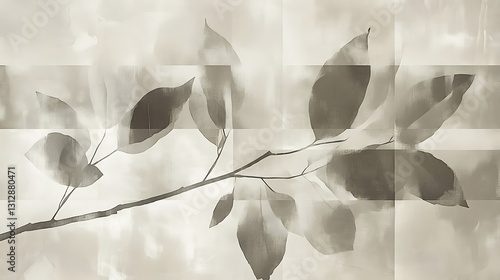 Sepia-toned image of a leaf branch with a grid overlay, creating an artistic, layered effect
