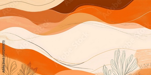 Abstract art with orange and beige wavy shapes, minimalist plant illustrations