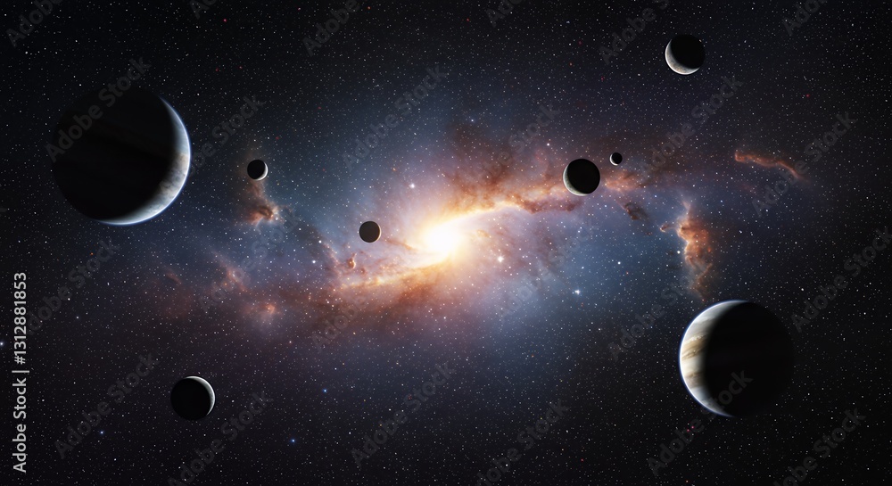 Naklejka premium Planets Orbiting Galaxy Center with Nebulae and Star Clusters