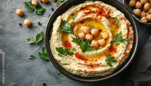 Wallpaper Mural Delicious hummus with parsley, paprika and chickpeas on gray table, top view Torontodigital.ca