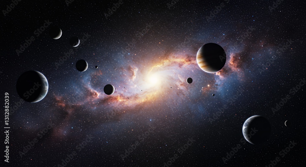Naklejka premium Exploring Distant Planets Among Glowing Nebula and Countless Stars