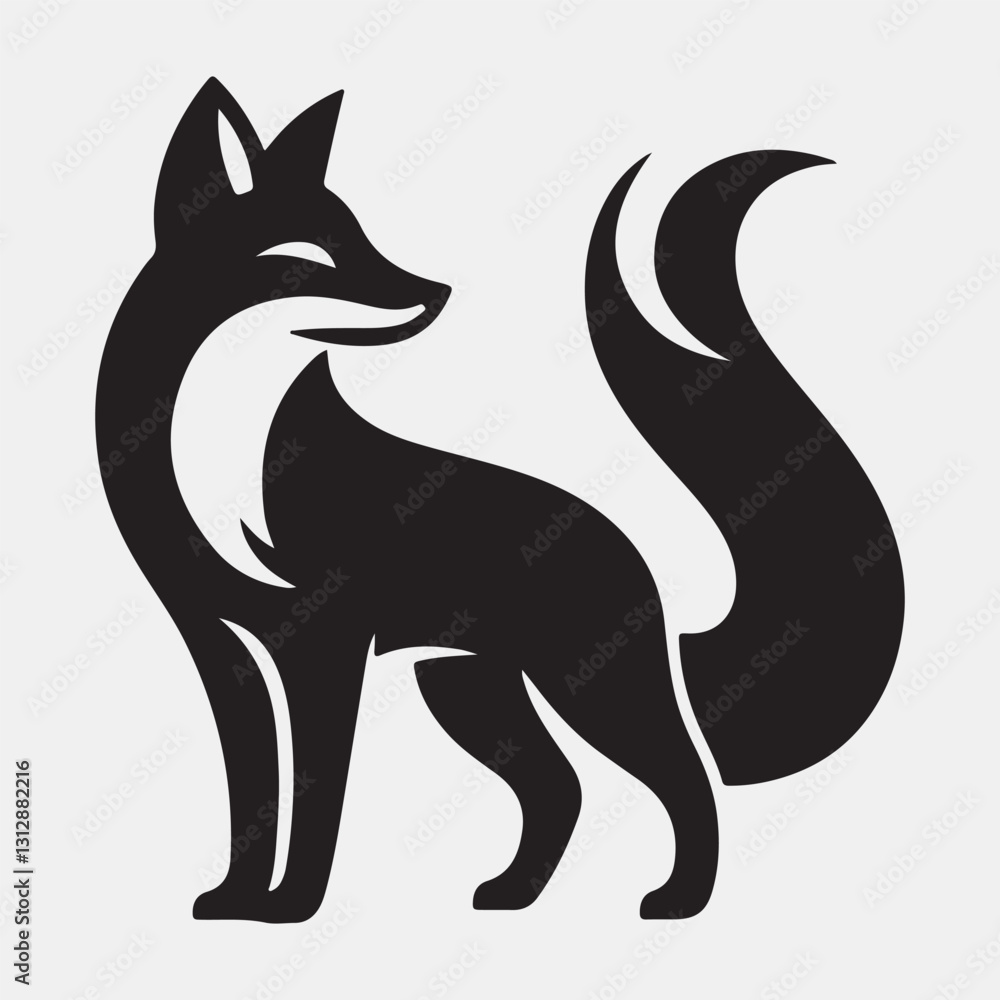 A black and white drawing of a fox with a tail A black and white drawing of a fox with a tail