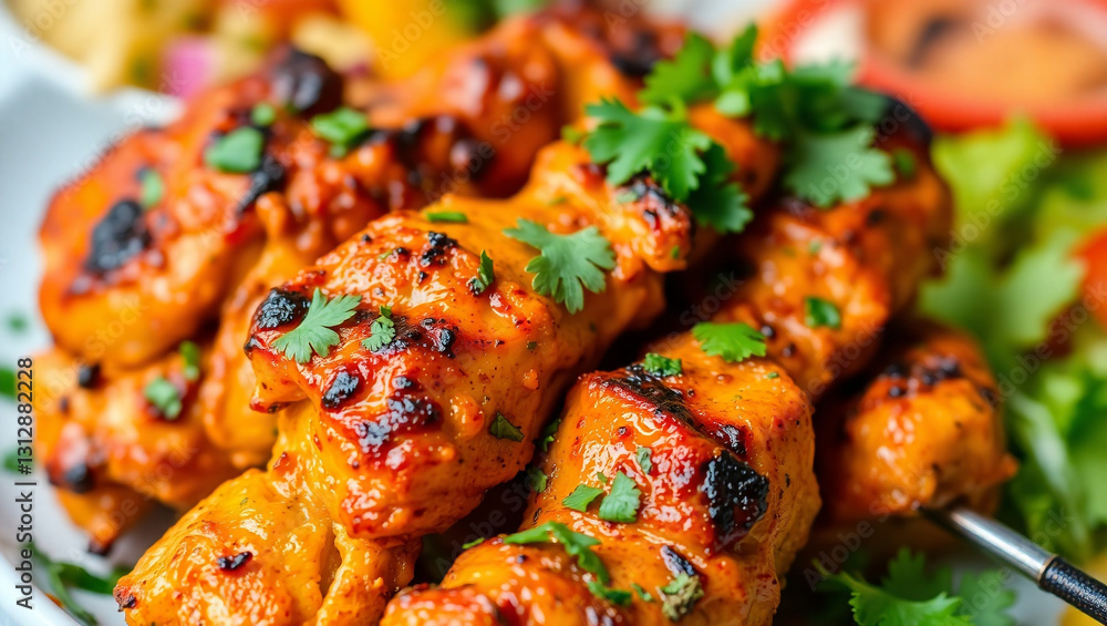 Grilled Chicken Skewers with Fresh Cilantro Garnish on a Vibrant Plate Grilled Chicken Skewers with Fresh Cilantro Garnish on a Vibrant Plate