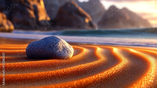 Serene Sunset Beachscape: A Single Stone's Peaceful Harmony