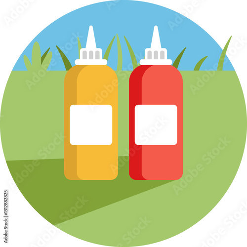 A bottle of sauce, symbolizing condiments for outdoor meals.