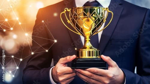 Triumphant Businessman Holding Golden Trophy: A Symbol of Success and Achievement
