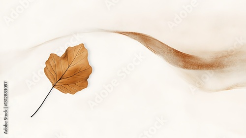 Dried leaf and brown, flowing, abstract design on white background