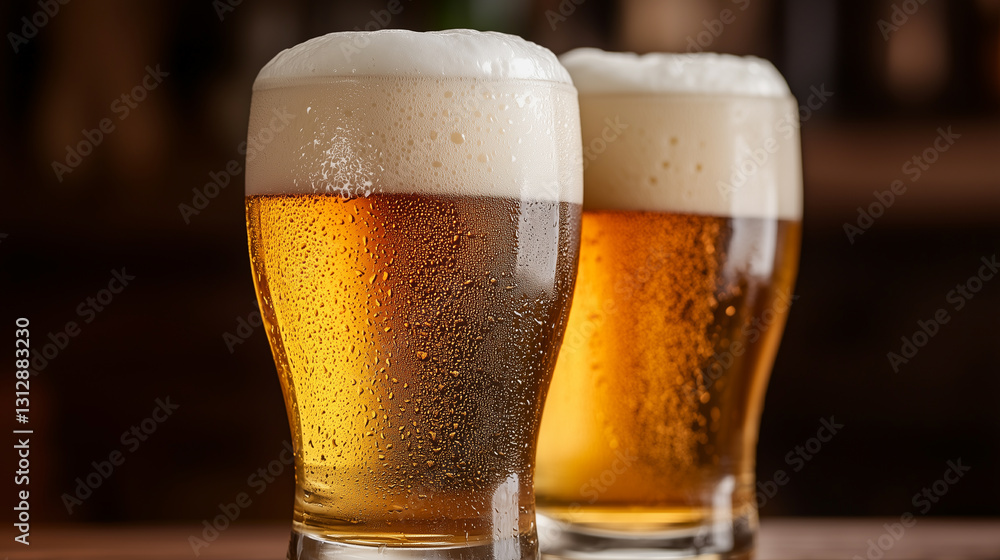 Cold draft beer served in pint glasses with foam and condensation Cold draft beer served in pint glasses with foam and condensation