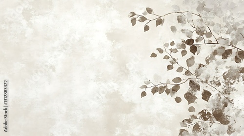 Serene sepia artwork featuring delicate leaf branches against a textured, cloudy background