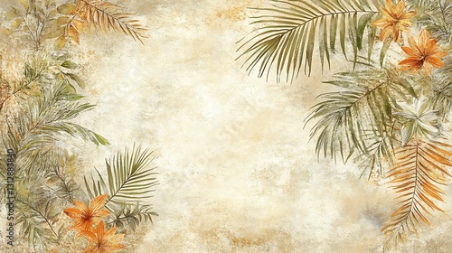 Tropical leaves and flowers frame a textured beige background, ideal for design projects