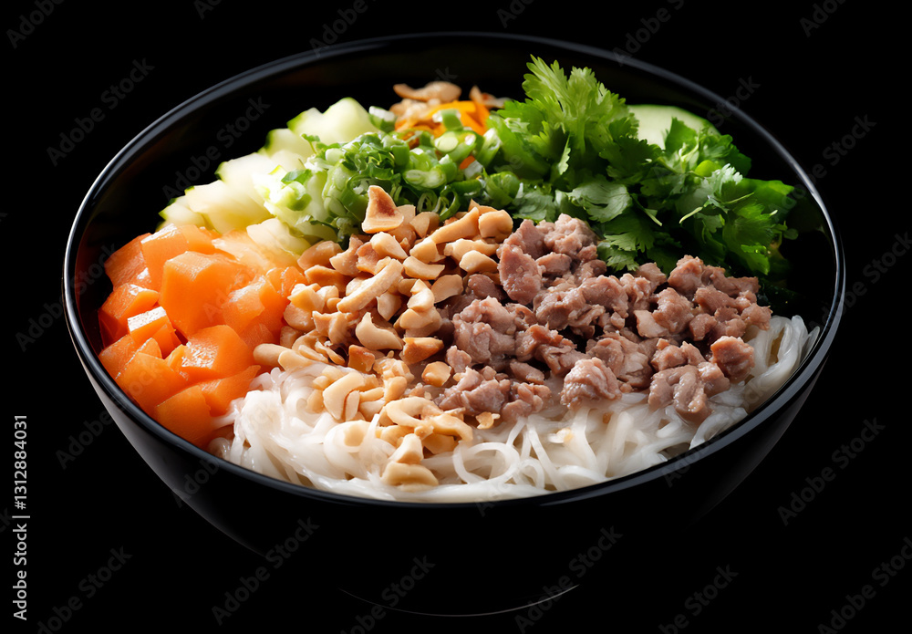 photograph of vietnamese rice noodles with meat and vegetables in a bowl o photograph of vietnamese rice noodles with meat and vegetables in a bowl o