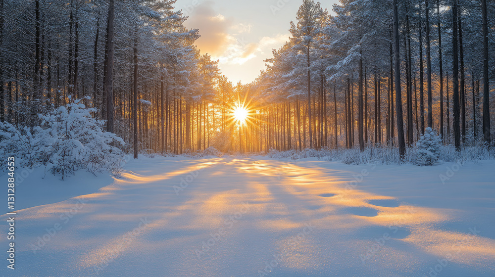Winter Sunrise in Snowy Pine Forest Winter Sunrise in Snowy Pine Forest