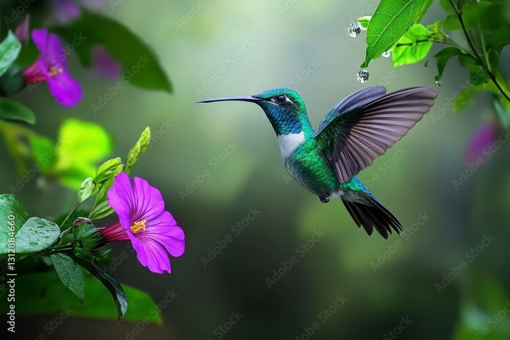 Naklejka premium Green Hummingbird Hovering Near Purple Flowers