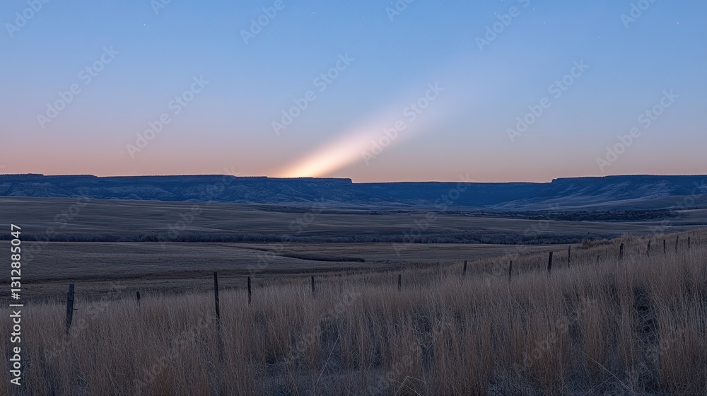 Fototapeta premium Light Beam Over Prairie Landscape at Dusk with Wooden Fence