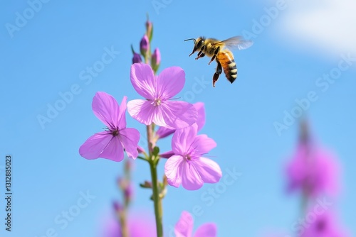 Honeybee Pollinating Purple Flowers Under a Bright Blue Sky