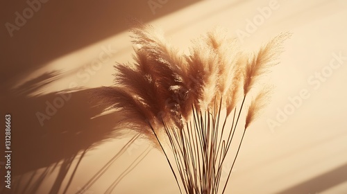 Pampas grass in sunlight casts long shadows on a beige wall