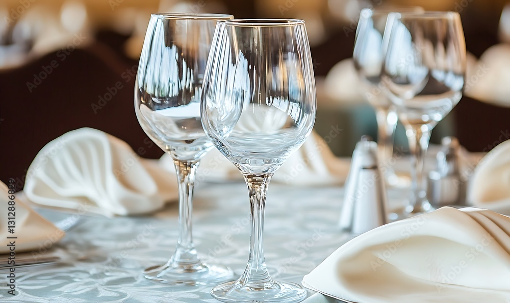Elegant Crystal Wine Glasses on a Formal Table Setting Elegant Crystal Wine Glasses on a Formal Table Setting