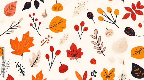 Autumnal leaf and berry pattern. Warm colors, simple style