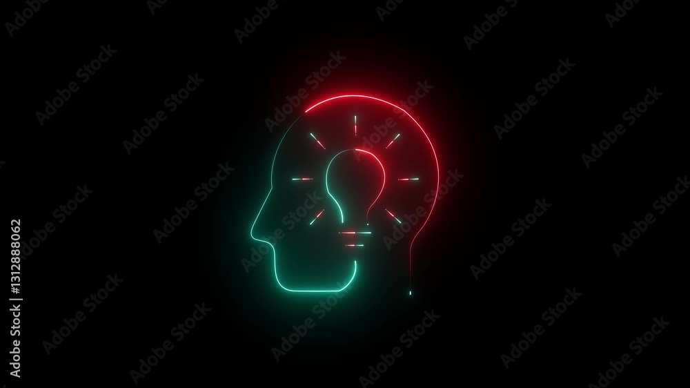 abstract neon head and bulb icon animation black background . A glowing light bulb that have a glowing human brain inside. abstract neon head and bulb icon animation black background . A glowing light bulb that have a glowing human brain inside.