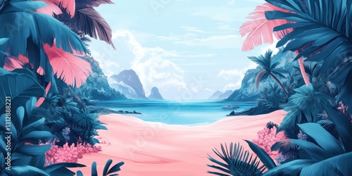 Tropical Beach Scene Depicting Pink Sand and Lush Green Foliage