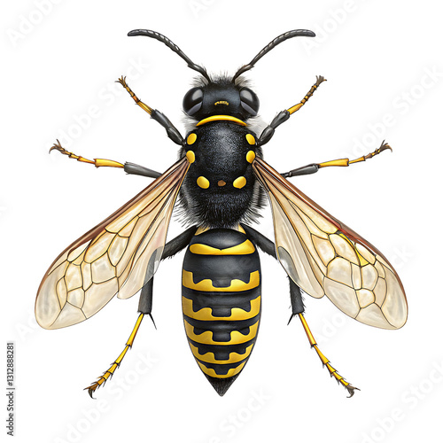 Detailed Illustration of a Black Wasp with Transparent Wings