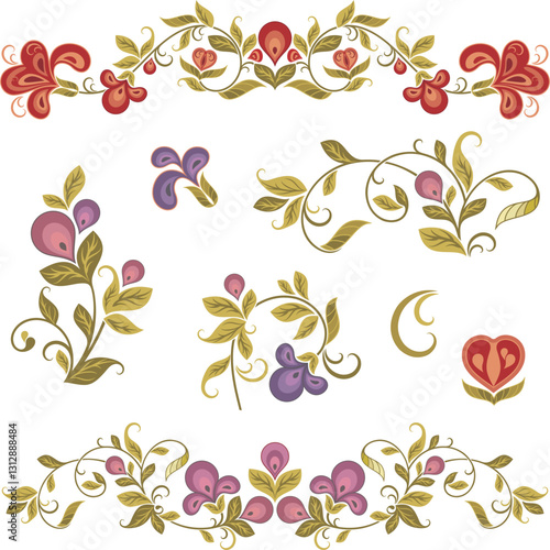 Vector ornamental romantic flowers for wedding backgrounds, page decorations, fabric, silk and scarf patterns. Set of retro decorative floral design elements for your own design making. Love concept.	