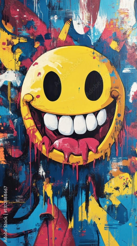 Obraz premium A grinning yellow smiley face with dripping vibrant paint background
