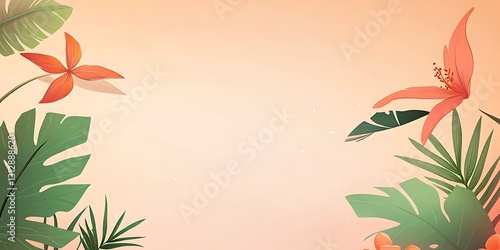 Tropical leaves and flowers on a peach background.  Perfect for summer designs