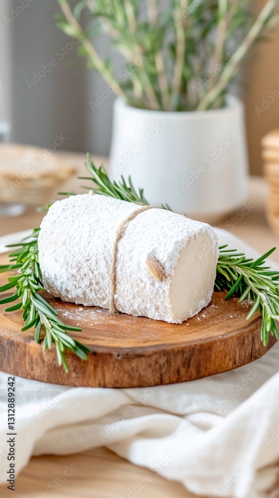 Fresh Creamy Cheese Log Rosemary Garnish Rustic Wooden Board Food Photography Fresh Creamy Cheese Log Rosemary Garnish Rustic Wooden Board Food Photography