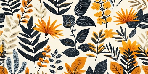 Seamless pattern with dark-navy and orange stylized floral motifs on a cream background