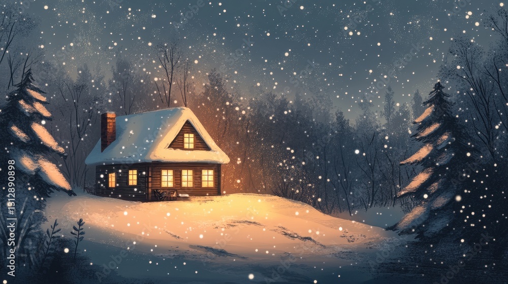 Fototapeta premium A warm cozy cabin sits amidst a snowy forest scene