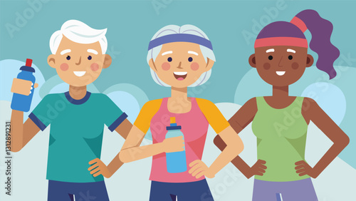 Sweatbands and water bottles in hand a group of seniors take a break from their regular routine at the community center to join in on a revitalizing aerobics class.. Vector illustration