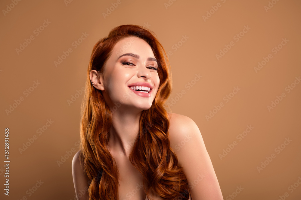 Photo of attractive stunning woman cheerful toothy smile naked shoulders isolated on beige color background Photo of attractive stunning woman cheerful toothy smile naked shoulders isolated on beige color background
