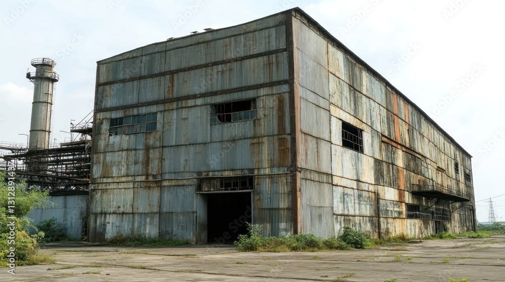 Obraz premium An abandoned industrial building with rusted metal walls and broken windows.