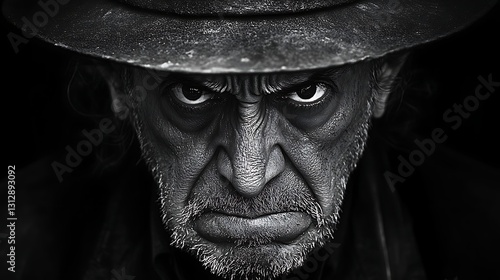 Close Up Black And White Portrait Of A Weathered Old Man With Intense Gaze photo