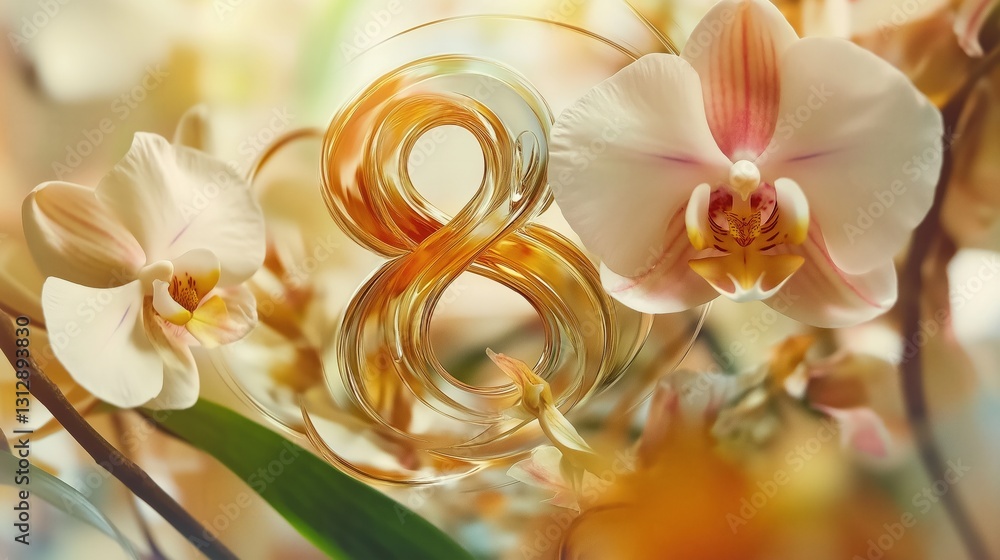 A beautifully arranged composition of soft peach and pink flowers surrounding a luminous number eight, highlighted with glowing bokeh and light, celebrating Women's Day A beautifully arranged composition of soft peach and pink flowers surrounding a luminous number eight, highlighted with glowing bokeh and light, celebrating Women's Day