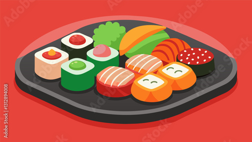The perfect snack platter for sushi lovers featuring an array of different rolls and nigiri.. Vector illustration