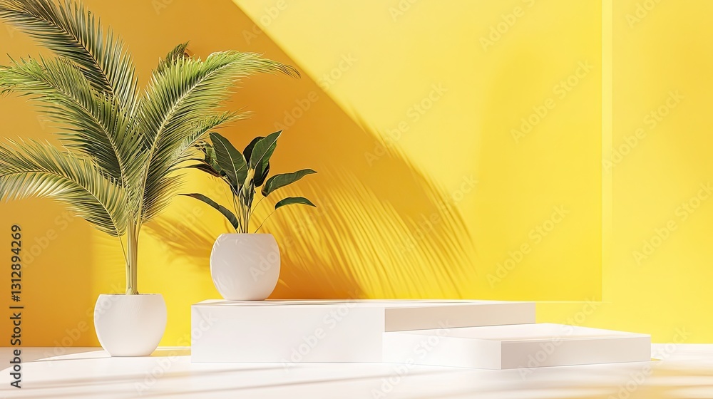 Fototapeta premium Sunlit Minimalist Scene with White Platforms and Tropical Plants Against a Yellow Wall