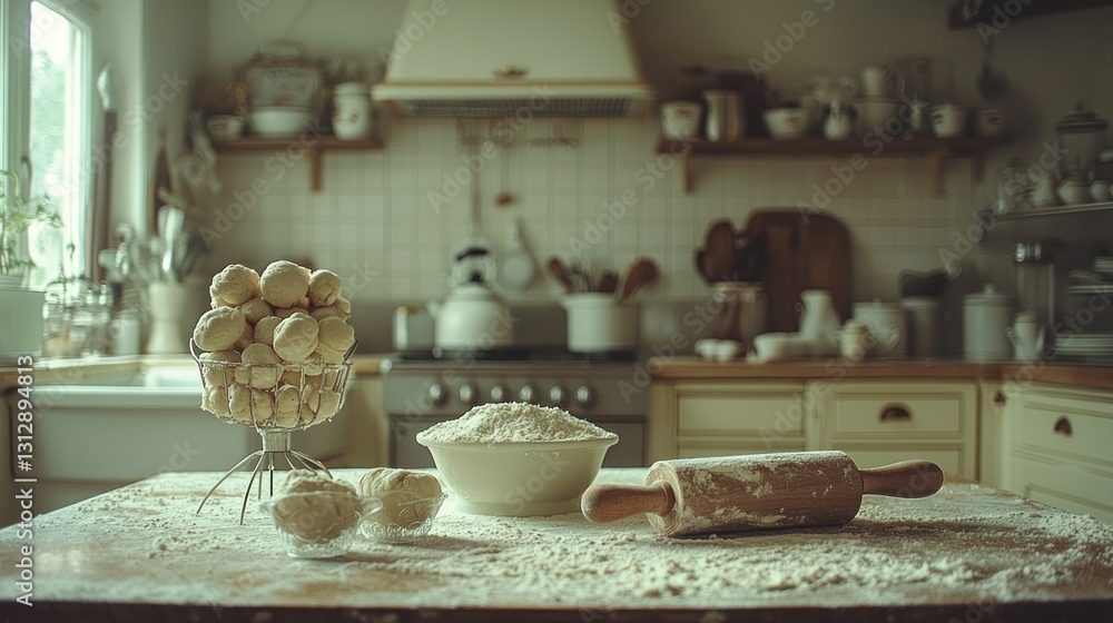 Fototapeta premium Rustic kitchen Dumpling preparation, flour, rolling pin