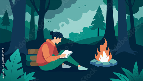 With a campfire crackling beside them a person sits in the midst of a dense forest their journal open as they embrace the tranquility of the great outdoors.. Vector illustration
