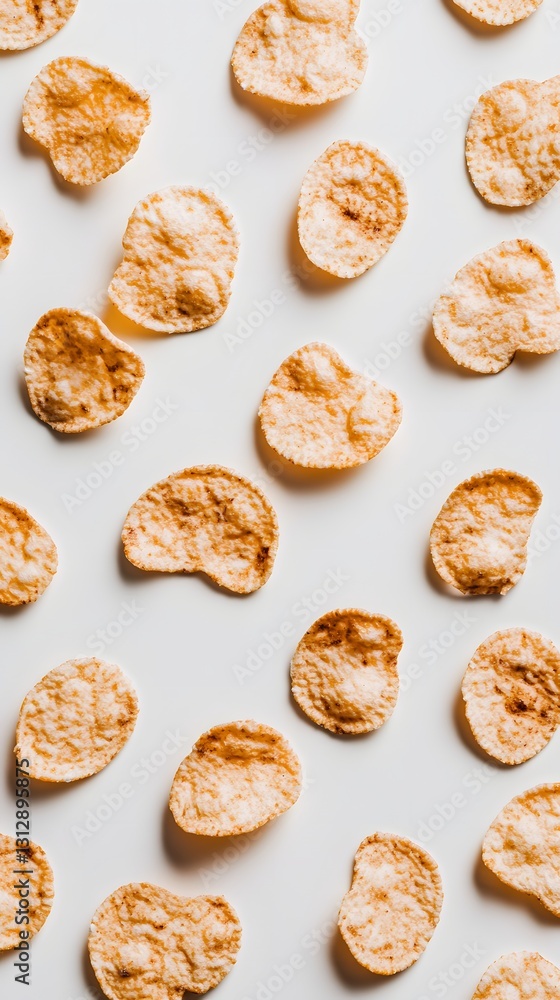 Crispy Delights: A close-up overhead shot showcases a scattering of crispy, golden-brown snack crackers arranged in a visually appealing pattern. Crispy Delights: A close-up overhead shot showcases a scattering of crispy, golden-brown snack crackers arranged in a visually appealing pattern.