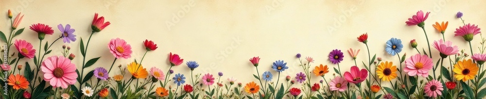 Naklejka premium Intricate, densely packed wildflowers in muted tones on aged paper , floral print, herbarium, pattern