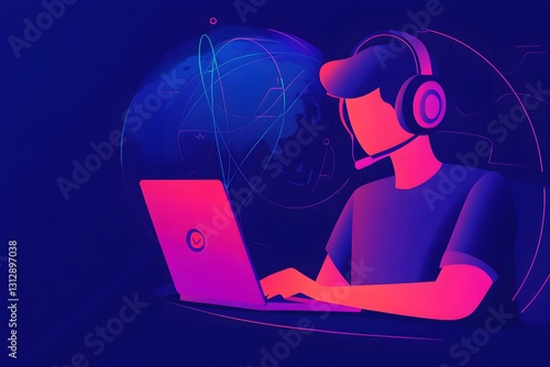 Gamer using laptop, global connection