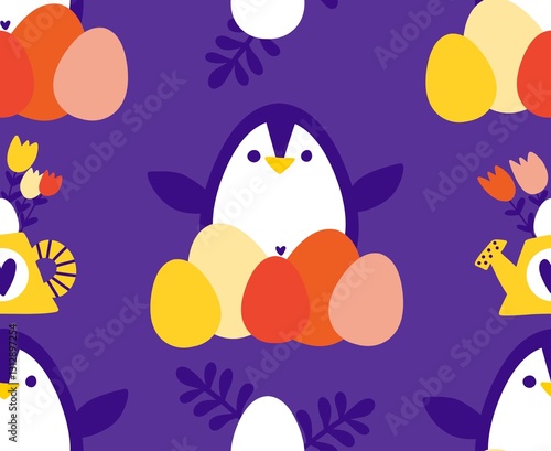 Easter animals seamless penguin and eggs pattern for wrapping paper and fabrics and linens and spring kitchen textiles