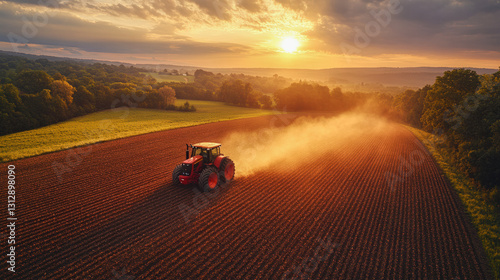 Tractor pulls a no-till planter during sunset in regenerative agriculture field promoting sustainable farming practices