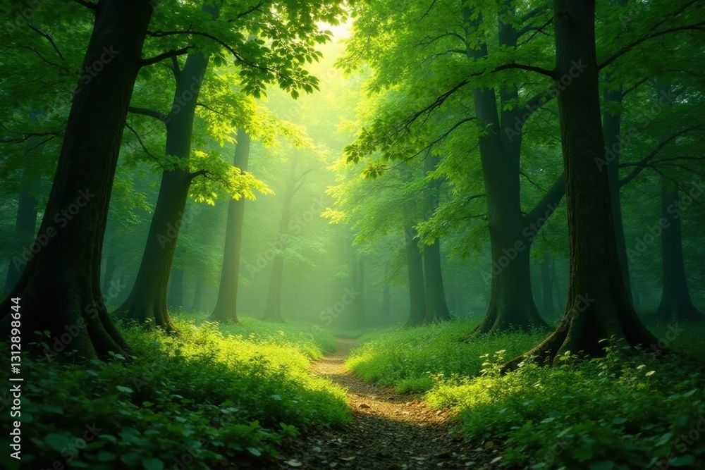 Fototapeta premium Deep green forest with dappled sunlight filtering through leaves, summer, growth